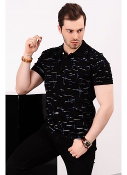 Çizgili Desenli Polo Yaka T-shirt Siyah