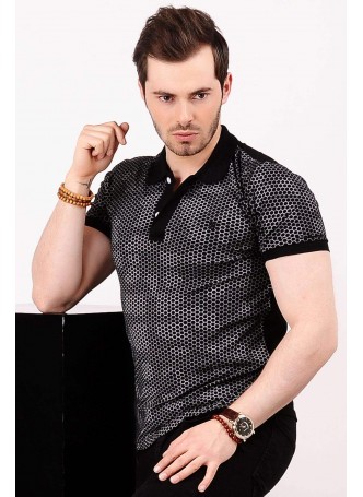 Petek Desen Siyah Polo Yaka T-shirt