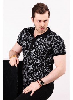 Beyaz Desenli Polo Yaka Siyah T-shirt