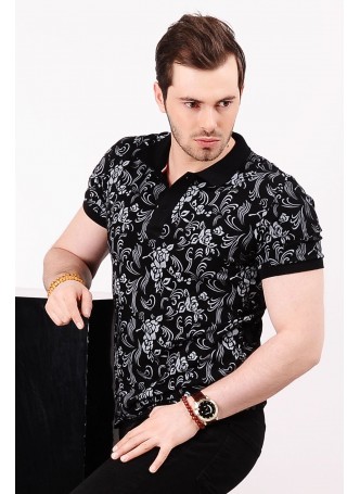 Beyaz Desenli Polo Yaka Siyah T-shirt