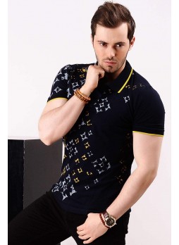 Yıldız Desen Lacivert Polo Yaka T-shirt