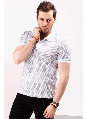 Petek Desen Polo Yaka Beyaz T-shirt