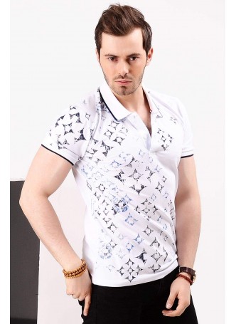 Yıldız Desen Polo Yaka Beyaz T-shirt
