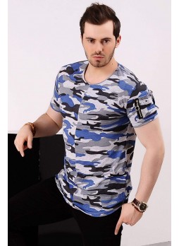 Fermuar Detay Mavi Kamuflaj T-shirt