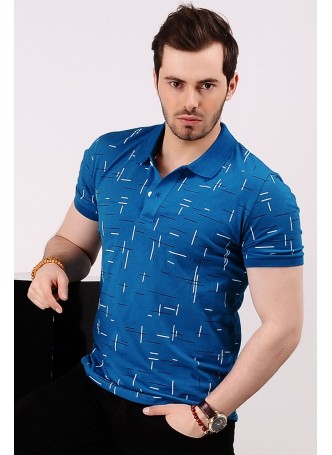 Çizgili Desenli Polo Yaka Mavi T-shirt