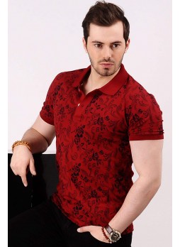 Lacivert Desenli Kırmızı Polo Yaka T-shirt