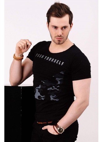Kamuflaj Tırtık Detay Siyah T-shirt