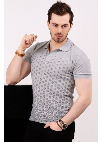 Altıgen Desenli Gri Polo Yaka T-shirt