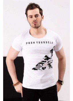 Kamuflaj Tırtık Detay Beyaz T-shirt