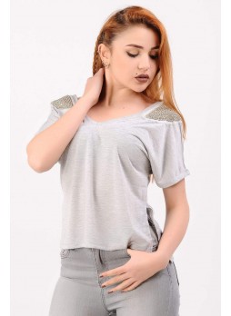 İncili Omuz Gri Bluz