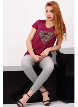 Superman Taşlı Mürdüm T-shirt