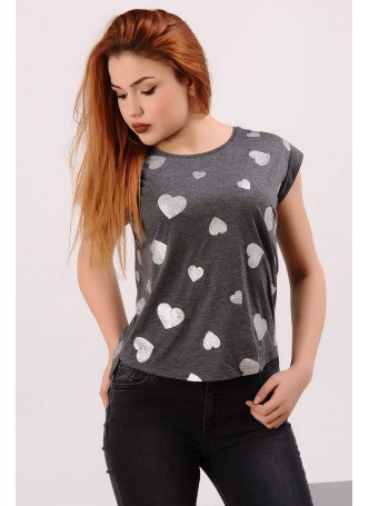Kalp Baskılı Füme T-shirt