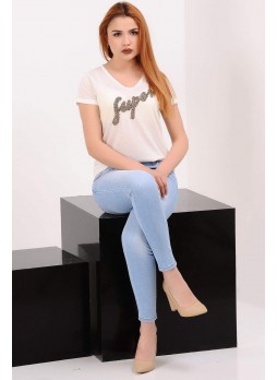 Super Taşlı Beyaz T-shirt