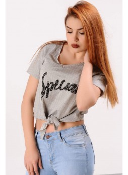 Ön Bağlamalı Gri Çizgili T-shirt