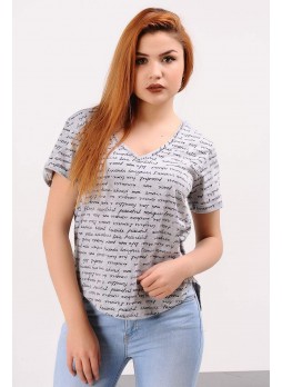 Arka Uzun Yazılı Gri T-shirt