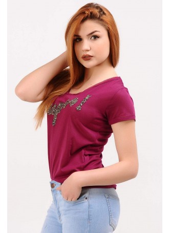 Süper Taşlı Mürdüm T-shirt