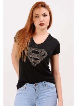 Süperman Taşlı Siyah T-shirt