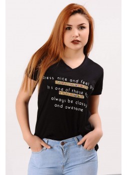 Önü Taşlı Siyah T-shirt