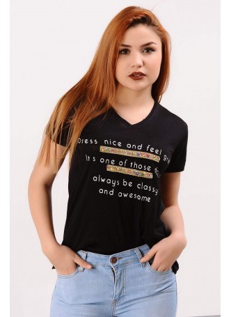 Önü Taşlı Siyah T-shirt