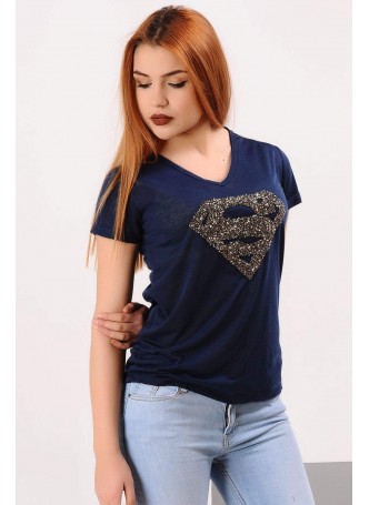Superman Taşlı Lacivert T-shirt