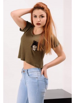 Pullu Cep Kısa Haki T-shirt