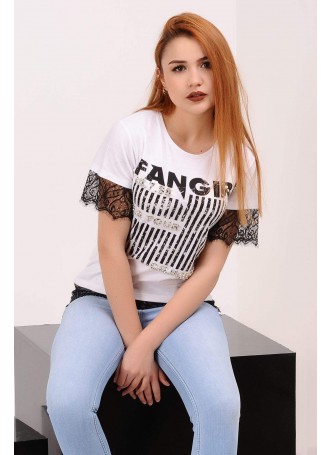 Kol Tül Güpürlü Baskılı Beyaz T-shirt