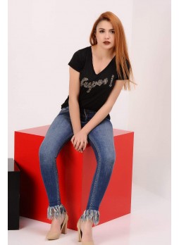 Super Taşlı Siyah T-shirt