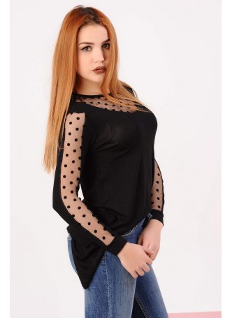 Puantiyeli Tül Detay Siyah Bluz