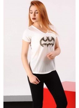 Batman Taşlı Beyaz T-shirt