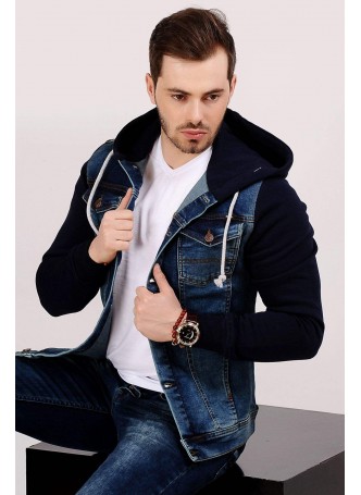 Lacivert Polar Kapşonlu Kot Ceket