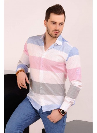 Pembe Mavi Şeritli Benekli Gömlek Beyaz