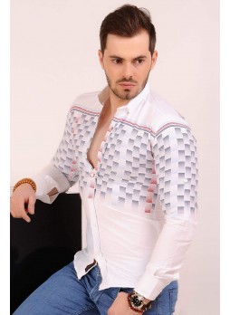 Lacivert Desenli Beyaz Gömlek