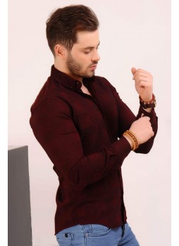 Kabartma Ekoseli Bordo Gömlek