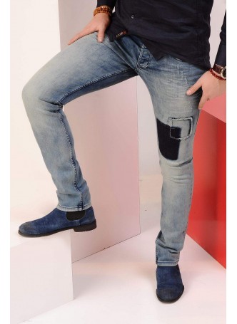 Yamalı Açık Mavi Yıkamalı Denim