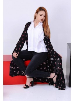 Çiçekli Uzun Siyah Hırka