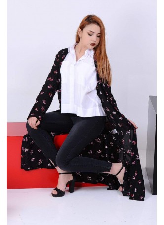 Çiçekli Uzun Siyah Hırka