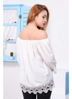 Kayık Yaka Dantel Güpürlü Beyaz Bluz