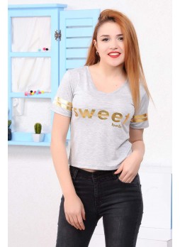 Sweet Altın Baskılı Gri T-shirt