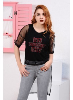 Arka Uzun Tül Siyah Bluz
