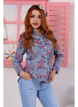 Pembe Çiçek Mavi Çizgili Gömlek