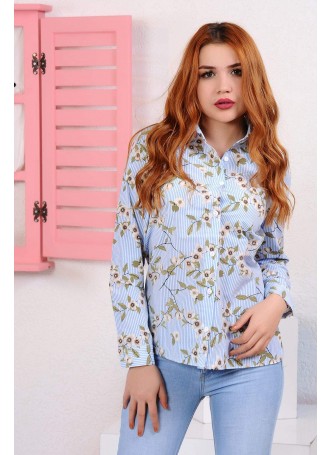 Çiçekli Açık Mavi Gömlek