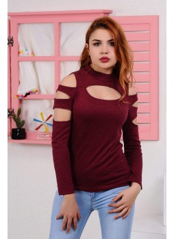 Kesikli Bordo Bluz
