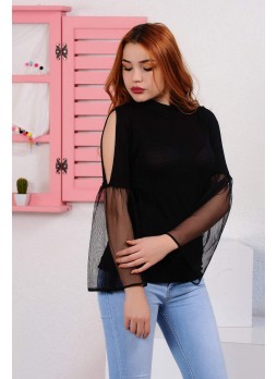 Kol Kesik Volanlı Tül Siyah Bluz