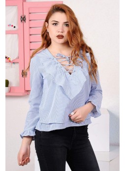 Fırfırlı Bağcıklı Yaka Çizgili Mavi Bluz