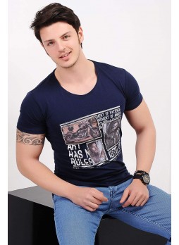 Kabartma Baskılı Lacivert T-Shirt