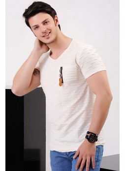 Fermuarlı Cep Krem T-Shirt