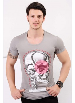 Kurukafa Baskılı Gri T-shirt