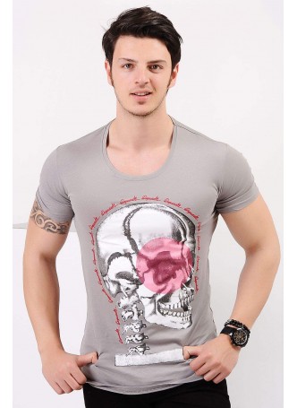 Kurukafa Baskılı Gri T-shirt