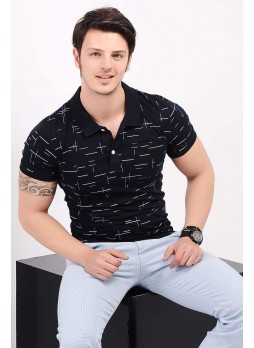 Çizgili Desenli Polo Yaka Lacivert T-shirt