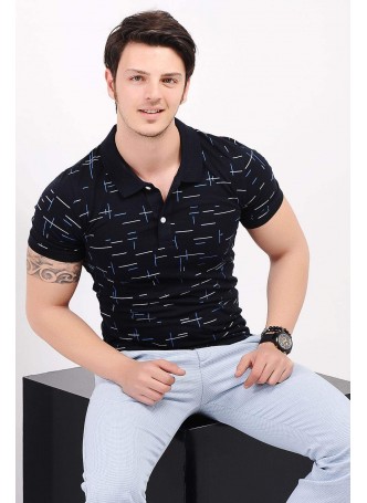Çizgili Desenli Polo Yaka Lacivert T-shirt